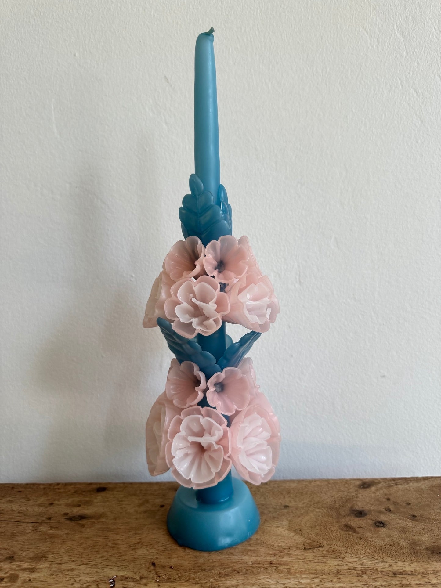 Tall Mexican Floral Candle-  Ocean + Blush - Cometa Home